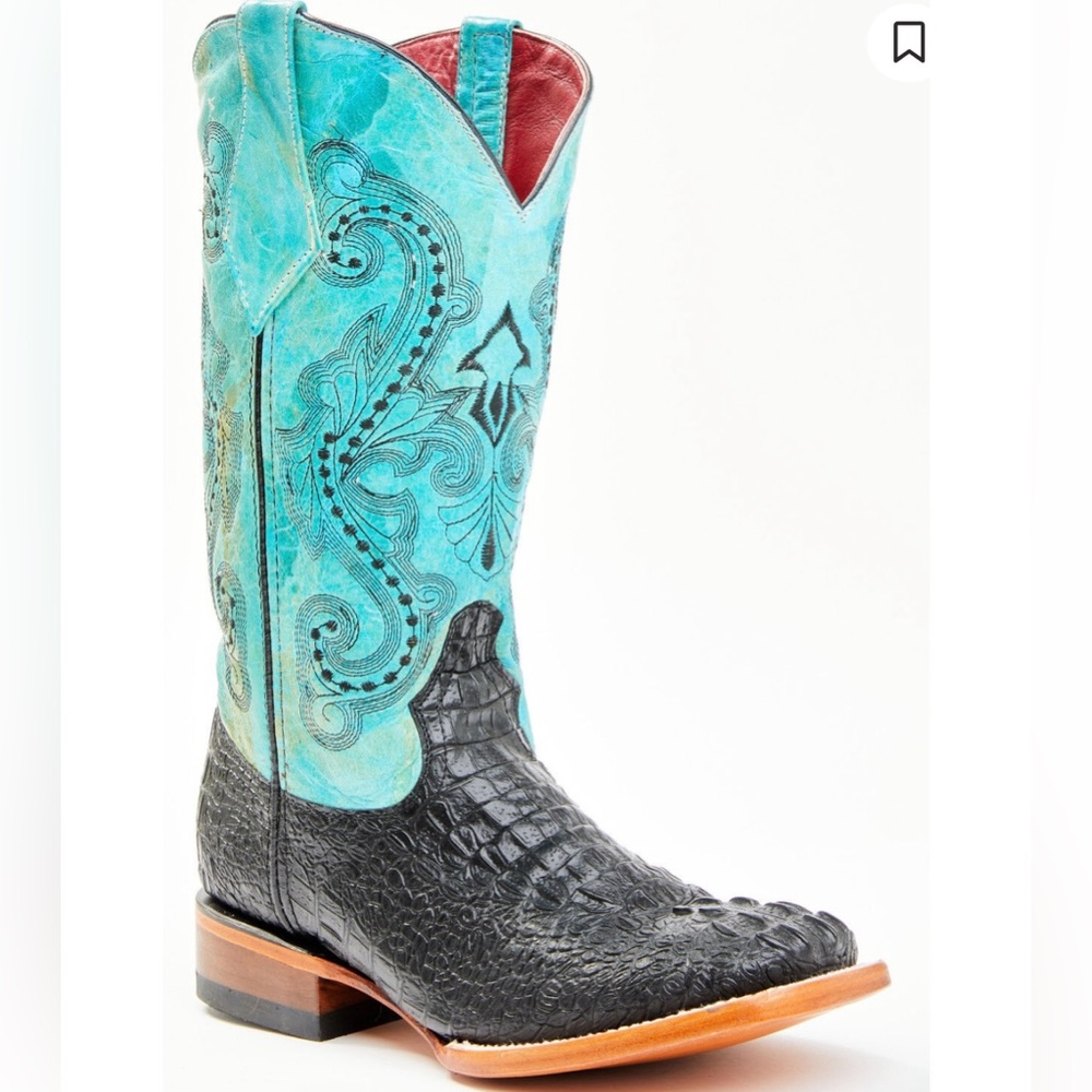 Ferrini Ladies Print Caiman Tail Square Toe Teal Boot - Women’s Size 9.